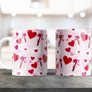 Rote Herzen Liebesbrief Muster Tasse Wrap - 11 Unzen & 15 Unzen PNG - Kaffeebecher Sublimation - druckbare PNG Design Download - Valentinstag Herzen Tasse