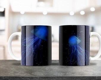 Jellyfish Mug Wrap - 11oz & 15oz PNG - Coffee Mug Sublimation - Printable PNG Design Download - Blue Medusa Ocean Water Mug