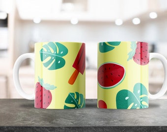 Watermelon Ice Cream Popsicle Mug Wrap - 11oz & 15oz PNG - Coffee Mug Sublimation - Printable PNG Design Download - Summer Fruit Leaves Mug