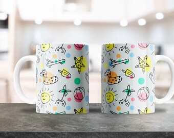 Doodles Summer Beach Mug Wrap - 11oz & 15oz PNG - Coffee Mug Sublimation - Printable PNG Design Download - Summer Pool Mug