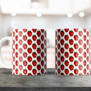 Strawberry Pattern Art Mug Wrap - 11oz & 15oz PNG - Sublimation de tasse à café - Téléchargement de conception PNG imprimable - Motif de fraises rouges blanches