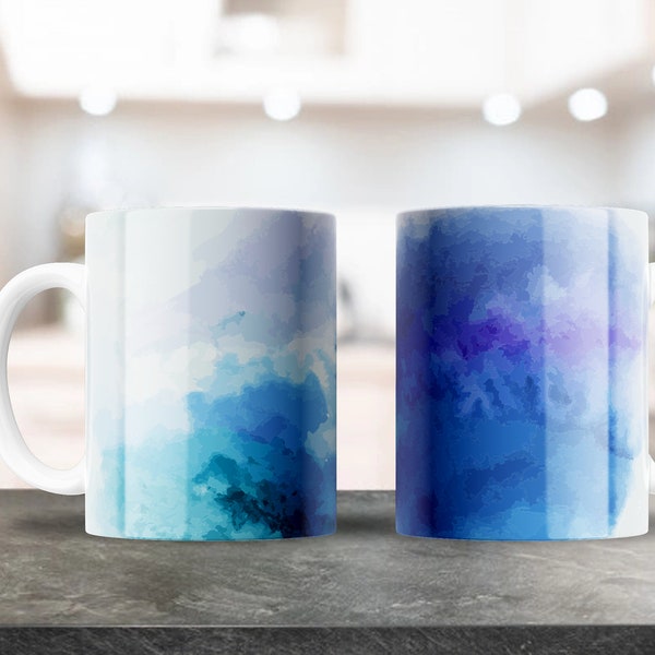 Watercolor Art Mug Wrap - 11oz & 15oz PNG - Coffee Mug Sublimation - Printable PNG Design Download - Cool Blue Abstract