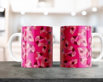 Pink Crystal Glass Hearts Pattern Mug Wrap - 11oz & 15oz PNG -Coffee Mug Sublimation- Printable PNG Design Download - Valentine's Hearts Mug
