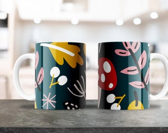 Cute Mushroom Forest Mug Wrap - 11oz & 15oz PNG - Coffee Mug Sublimation - Printable PNG Design Download - Fantasy Flowers Mug