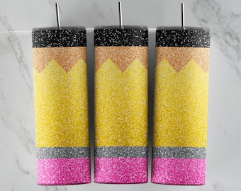 Pencil Glitter Tumbler Wrap - PNG for 20oz Tumblers - Tumbler Sublimation Design - Cool Template - Novelty Graphic - Custom School Cup