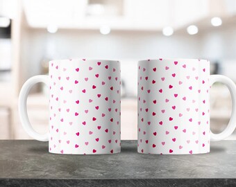 Red Pink Hearts Pattern White Mug Wrap - 11oz & 15oz PNG - Coffee Mug Sublimation - Printable PNG Design Download - Valentine's Hearts Mug