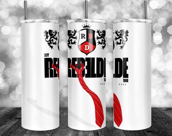 May include: Three white stainless steel tumblers with a black and red design. The design features a crest with the letters RBD, a red tie, and the text "Rebelde Tour 2023".