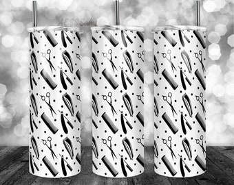 Barber Scissors Comb White Tumbler Wrap - PNG for 20oz Tumblers - Tumbler Sublimation Novelty Design - Custom Hair Stylist Cup