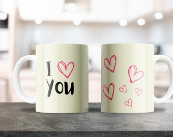 Love You Cute Hearts Mug Wrap - 11oz & 15oz PNG - Coffee Mug Sublimation - Printable PNG Design Download - Love Valentines Hearts