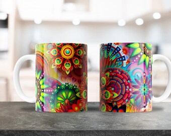 Colorful Mandela Mug Wrap - 11oz & 15oz PNG - Coffee Mug Sublimation - Printable PNG Design Download - Colors Shape Floral Mug