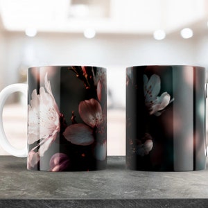 Envoltório de caneca de flor de cerejeira rosa - 11 onças e 15 onças PNG - Sublimação de caneca de café - Download de design PNG para impressão - Caneca de Sakura com folhas rosa