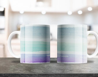 Watercolor Art Mug Wrap - 11oz & 15oz PNG - Coffee Mug Sublimation - Printable PNG Design Download - Cool Blue Green Purple Abstract