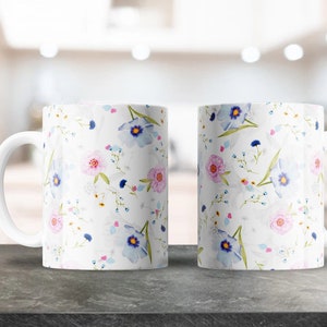 Rosa weiße blaue Blumen Becher Wrap - 11 Unzen & 15 Unzen PNG - Kaffeebecher Sublimation - druckbare PNG Design Download - Kirschblüte Sakura Becher