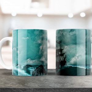 Segelboot Ozean Wellen Becher Wrap - 11 Unzen & 15 Unzen PNG - Kaffeebecher Sublimation - druckbare PNG Design Download - Schiff Wrack Ozean Wasser Becher