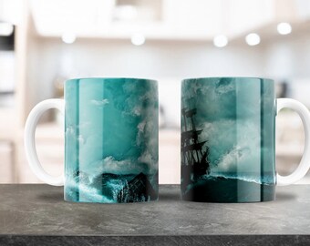 Sail Boat Ocean Waves Mug Wrap - 11oz & 15oz PNG - Coffee Mug Sublimation - Printable PNG Design Download - Ship Wreck Ocean Water Mug