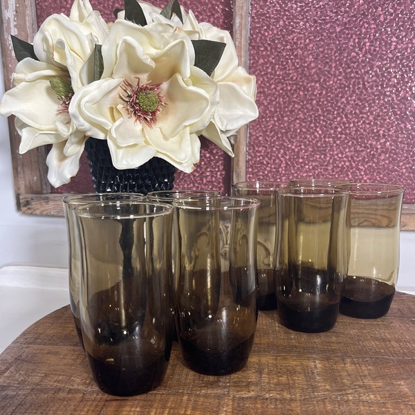 Libbey Set of 4-5 1/4"Tawny Brown/Smokey Brown Tumblers, Cylindrical Curvy Body and Heavy Base, ***2 Sets of 4 Available For Purchase**