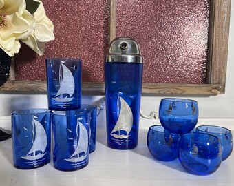 Vintage Hazel Atlas Cocktail Shakers and Glasses ***SOLD In 5 Sets*** 1930's, Delft Windmill, Sportsman Series, Drinking and Juice Glasses
