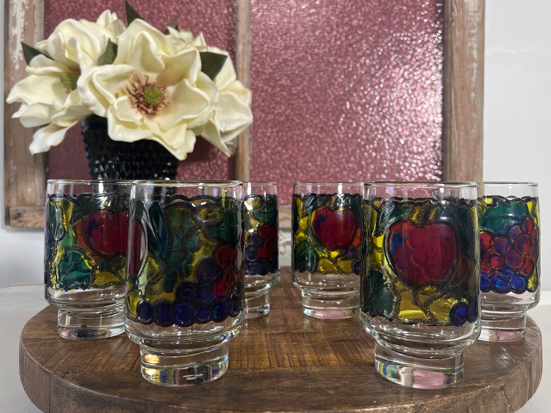 Libbey Stained Glass Drinking Glasses With Fruit Decor, 1970's, Glass