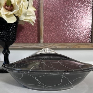 Iroquois Pottery Carrara Gray Splatter Ware Covered Divided Casserole Dish by 1950's, Russel Wright