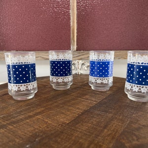 Libbey Glass Company with blue overlay/white polka dots and lace print juice glasses, 1970's,