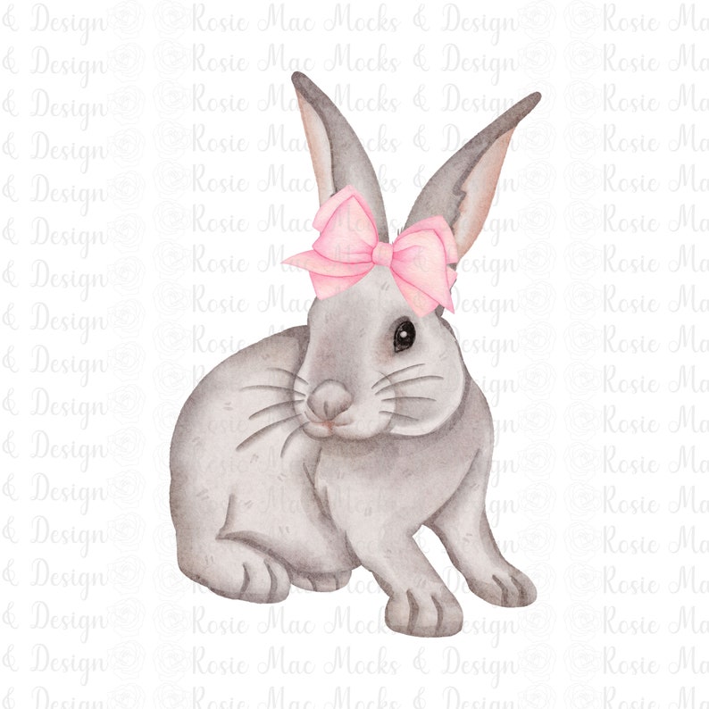 May include: A watercolor illustration of a gray bunny with a pink bow. The bunny is sitting with its front paws tucked under its body. The background is white with a faint pattern.