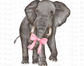 Coquette Elephant PNG Cute Watercolor Zoo Graphic Vintage Baby Farm Animals with Bow Trendy Aesthetic Instant Upload POD Print on Demand