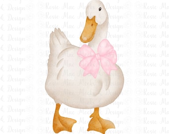 Coquette Duck PNG Cute Watercolor Farm Graphic Vintage Baby Zoo Animals with Bow Trendy Aesthetic Instant Upload POD Print on Demand