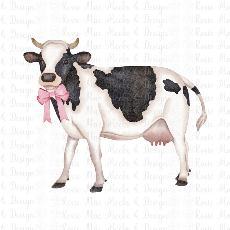 May include: A watercolor illustration of a black and white cow with a pink bow around its neck. The cow is standing on a white background.