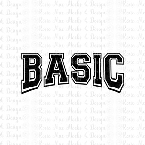 Puede incluir: Diseño gráfico en blanco y negro de la palabra "BASIC" en una fuente de estilo universitario. Las letras están delineadas en blanco con relleno negro, creando un diseño audaz y sencillo.