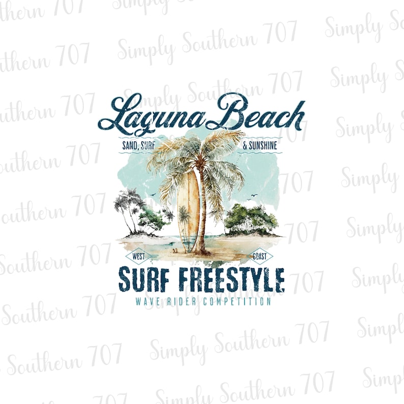 May include: A blue and white graphic design with the text "Laguna Beach" and "Surf Freestyle Wave Rider Competition". The design features a palm tree with a surfboard leaning against it, and a beach scene with blue water and sand.