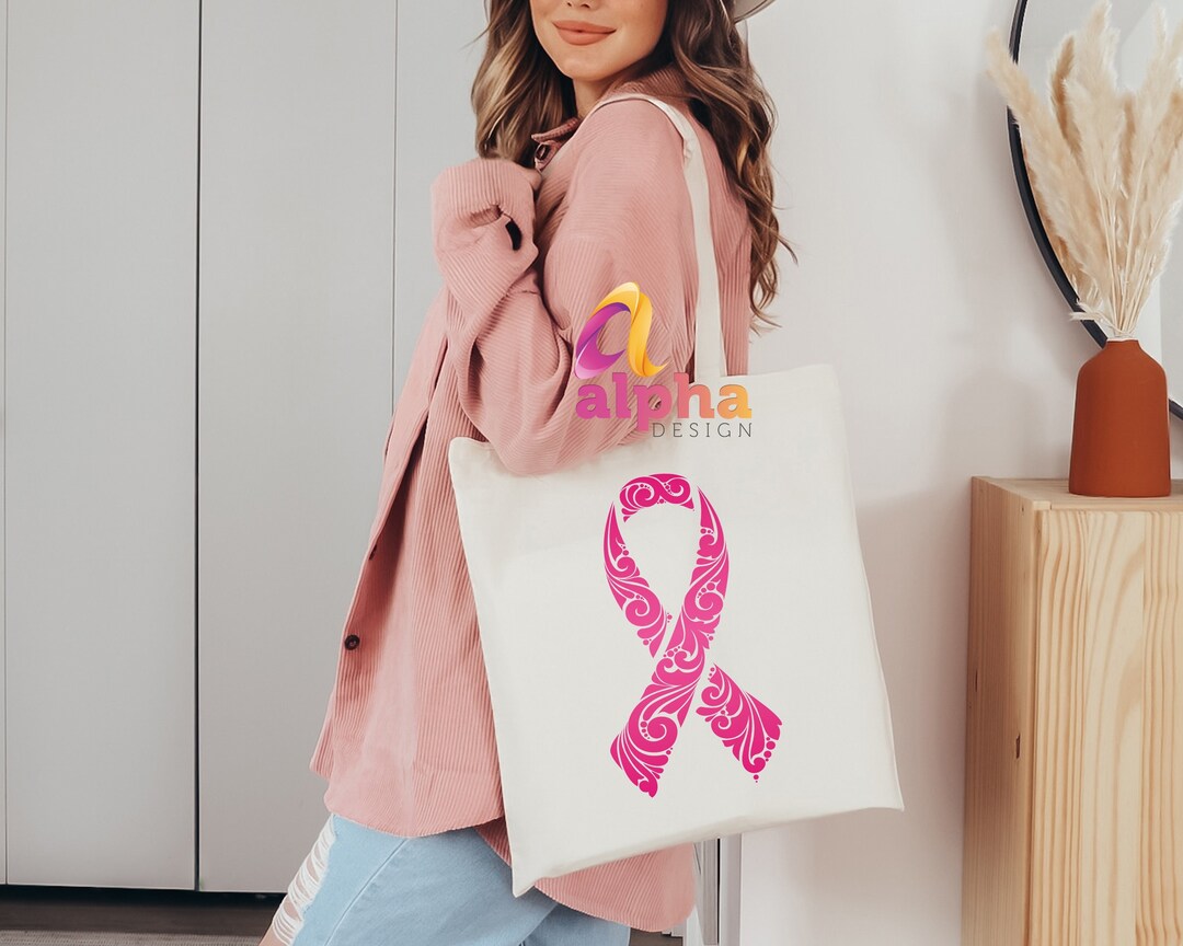 Pink Ribbon Tote Bag Breast Cancer Awareness Bag Canvas Tote Etsy