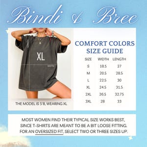 May include: Size chart for a t-shirt with measurements in inches. The chart shows the width and length of the shirt in sizes S, M, L, XL, 2XL, and 3XL. The model is wearing a size XL.