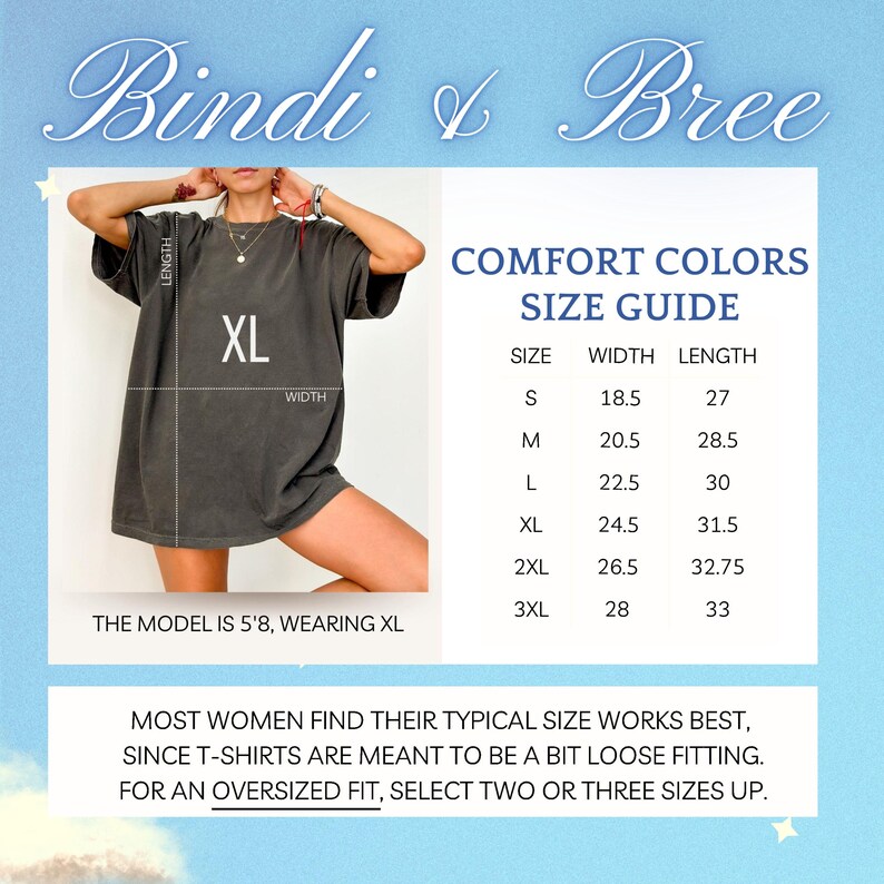 May include: Size chart for a t-shirt with measurements in inches. The chart shows the width and length of the shirt in sizes S, M, L, XL, 2XL, and 3XL. The model is wearing a size XL.
