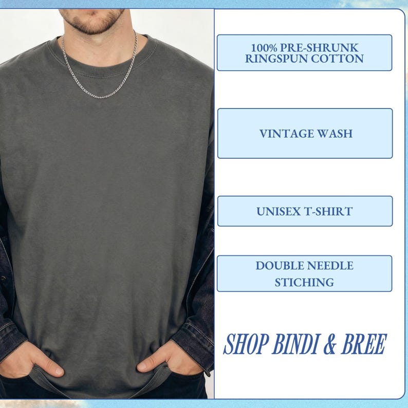 May include: A dark gray unisex t-shirt made of 100% pre-shrunk ringspun cotton. The shirt has a vintage wash and double needle stitching. The text "SHOP BINDI & BREE" is displayed at the bottom.