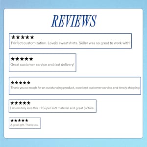 May include: Image displaying customer reviews with star ratings and text. The word "REVIEWS" is at the top in a blue, stylized font. Reviews mention customization, sweatshirts, customer service, and product quality. The background is a light blue gradient.