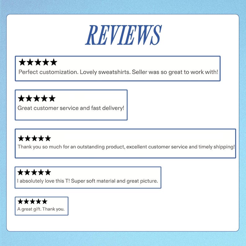 May include: Image displaying customer reviews with star ratings and text. The word "REVIEWS" is at the top in a blue, stylized font. Reviews mention customization, sweatshirts, customer service, and product quality. The background is a light blue gradient.