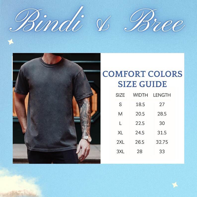 May include: Size chart for a t-shirt with measurements in inches. The chart shows the size, width, and length of the t-shirt in inches. The sizes are S, M, L, XL, 2XL, and 3XL.