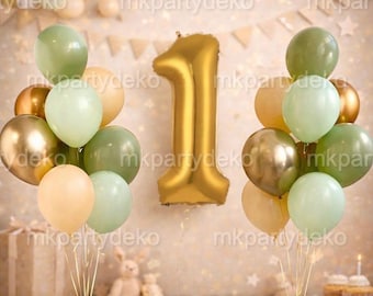 Balloon set for a 1st birthday in a beautiful shade of green.