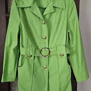 Vintage 60s Spring Green Belted Trench Coat Jacket Gold Metal Buttons