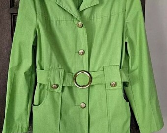 Vintage 60s Spring Green Belted Trench Coat Jacket Gold Metal Buttons