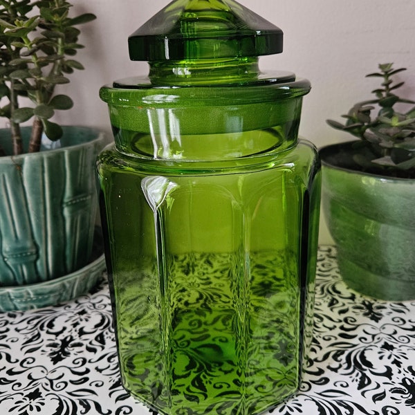 Vintage MCM LE Smith Green Glass Canister Apothecary Jar
