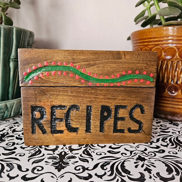 Vintage 70s Carved Painted Wood Recipe Box