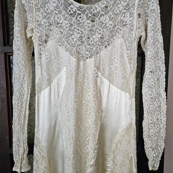 Antique 20s Wedding Dress Wounded Bird Ivory Lace Satin For Repair/Study XS/S