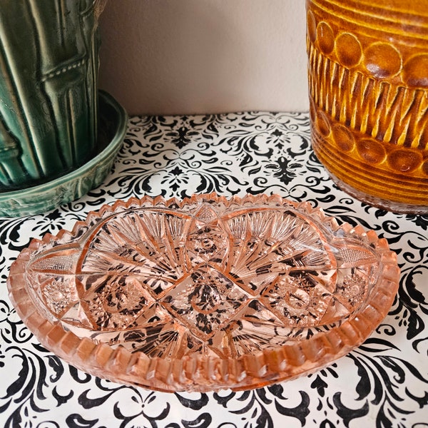 Vintage Imperial Pink Depression Glass Sawtooth Edge Candy Trinket Jewelry Dish Tray