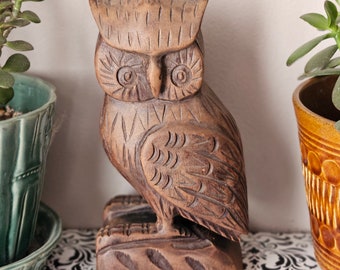 Vintage 70s Carved Wood Owl Folk Art