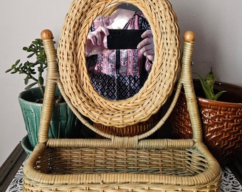 Vintage 70s Natural Wicker Tabletop Vanity Mirror