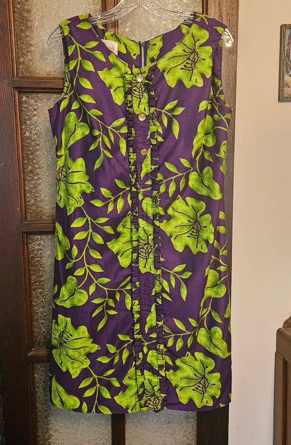 Vintage 60s 70s Shift Dress Purple & Green Plant F