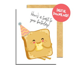 Printable Birthday Card | Here's a Toast to Your Birthday | Happy Birthday Card | Downloadable Card | Punny Birthday Card