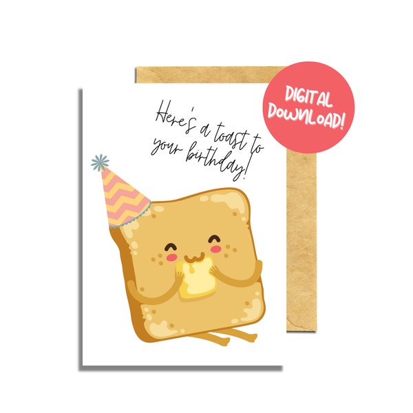 Printable Birthday Card | Here's a Toast to Your Birthday | Happy Birthday Card | Downloadable Card | Punny Birthday Card