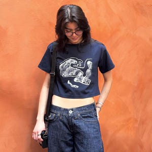 Wave Line Art Cropped T-Shirt - Wearable Art Tee - Minimalist Line Drawing - Navy Cotton Crewneck by NY artist Ornella Polo